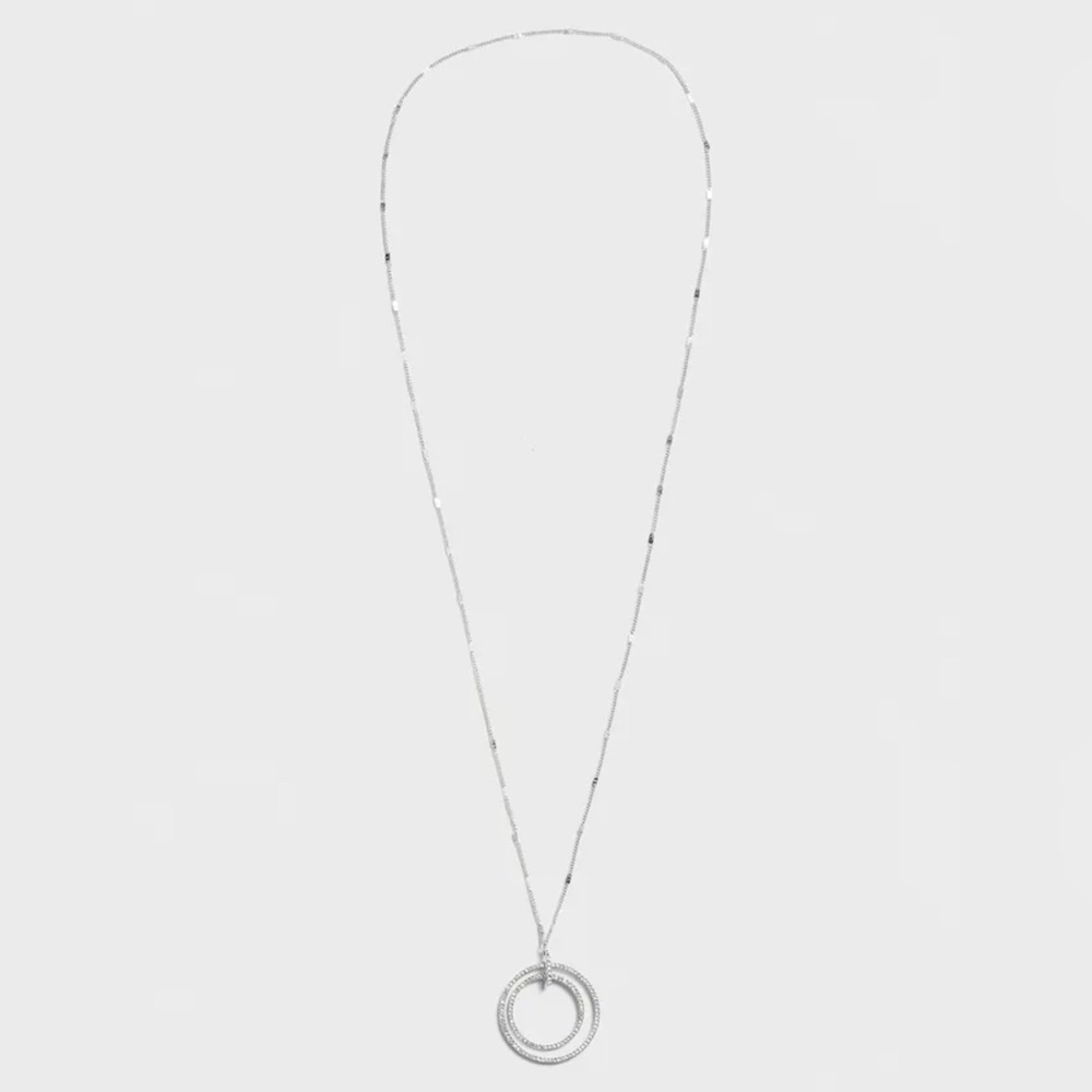 🌺 2/$20 Banana Republic PAVE DOUBLE CIRCLE PENDANT NECKLACE silver tone long